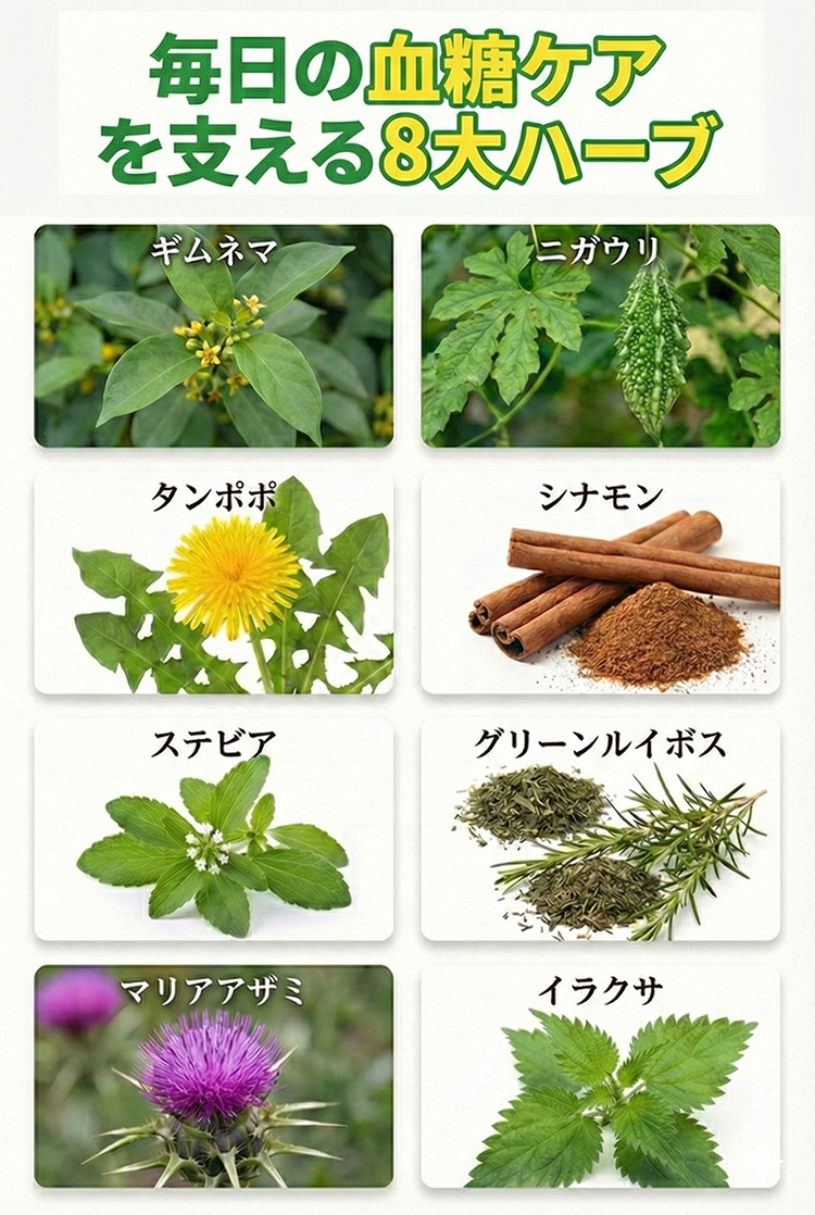 ギムネマ、ニガウリ（ゴーヤ）、タンポポ、シナモン、ステビア、グリーンルイボス、マリアアザミ、イラクサ