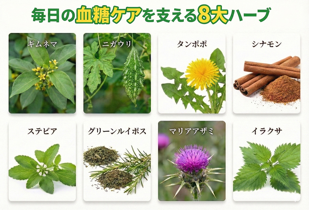 ギムネマ、ニガウリ（ゴーヤ）、タンポポ、シナモン、ステビア、グリーンルイボス、マリアアザミ、イラクサ