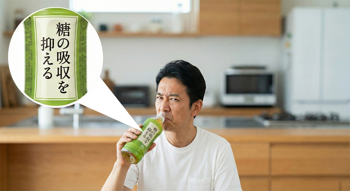 糖の吸収を抑える。というラベルのペットボトルのお茶を飲んでいるけど不満げな表情の男性