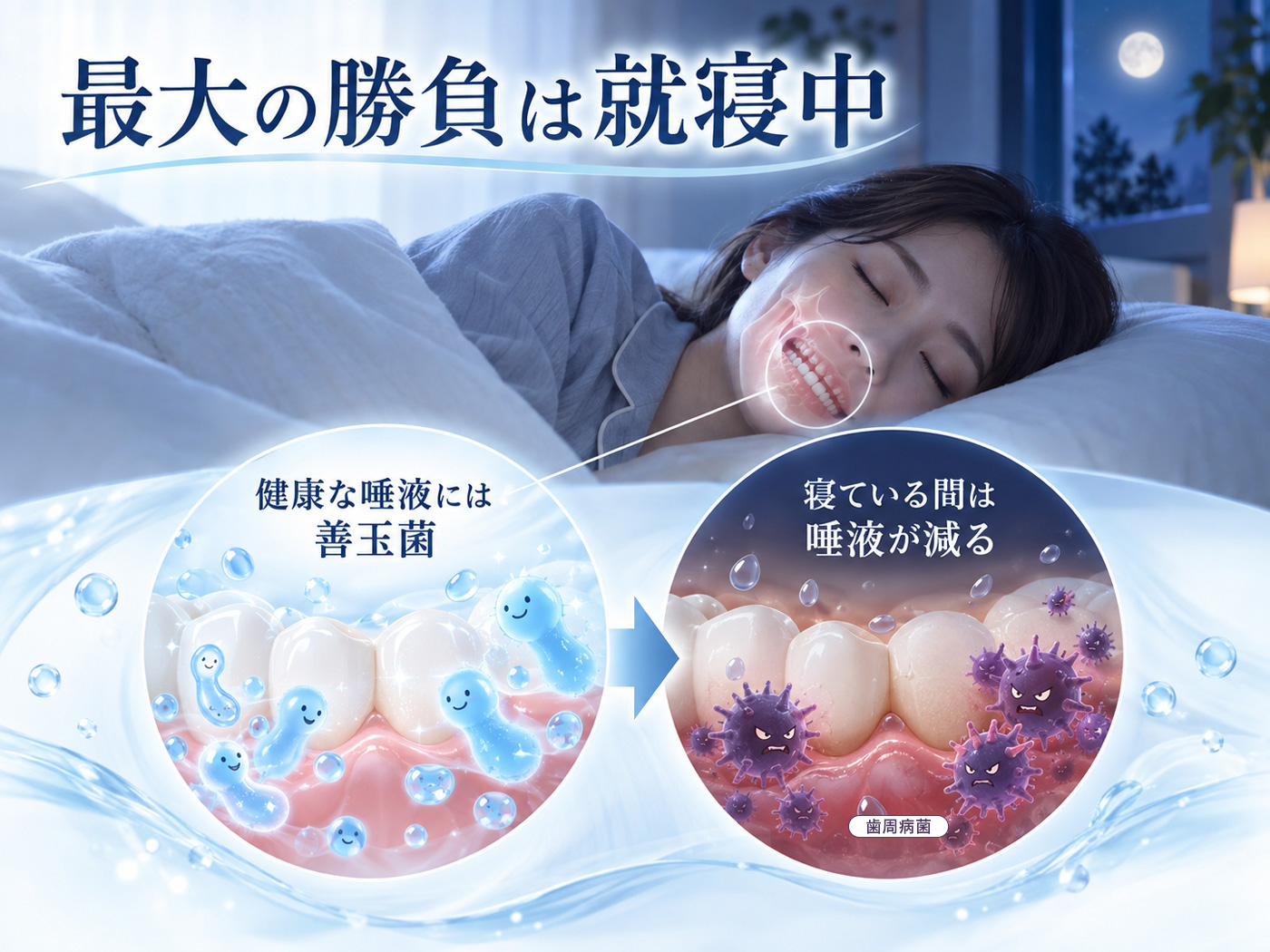 健康な唾液には、歯周病と戦う善玉菌が豊富です。ところが寝ている間は唾液が減ります