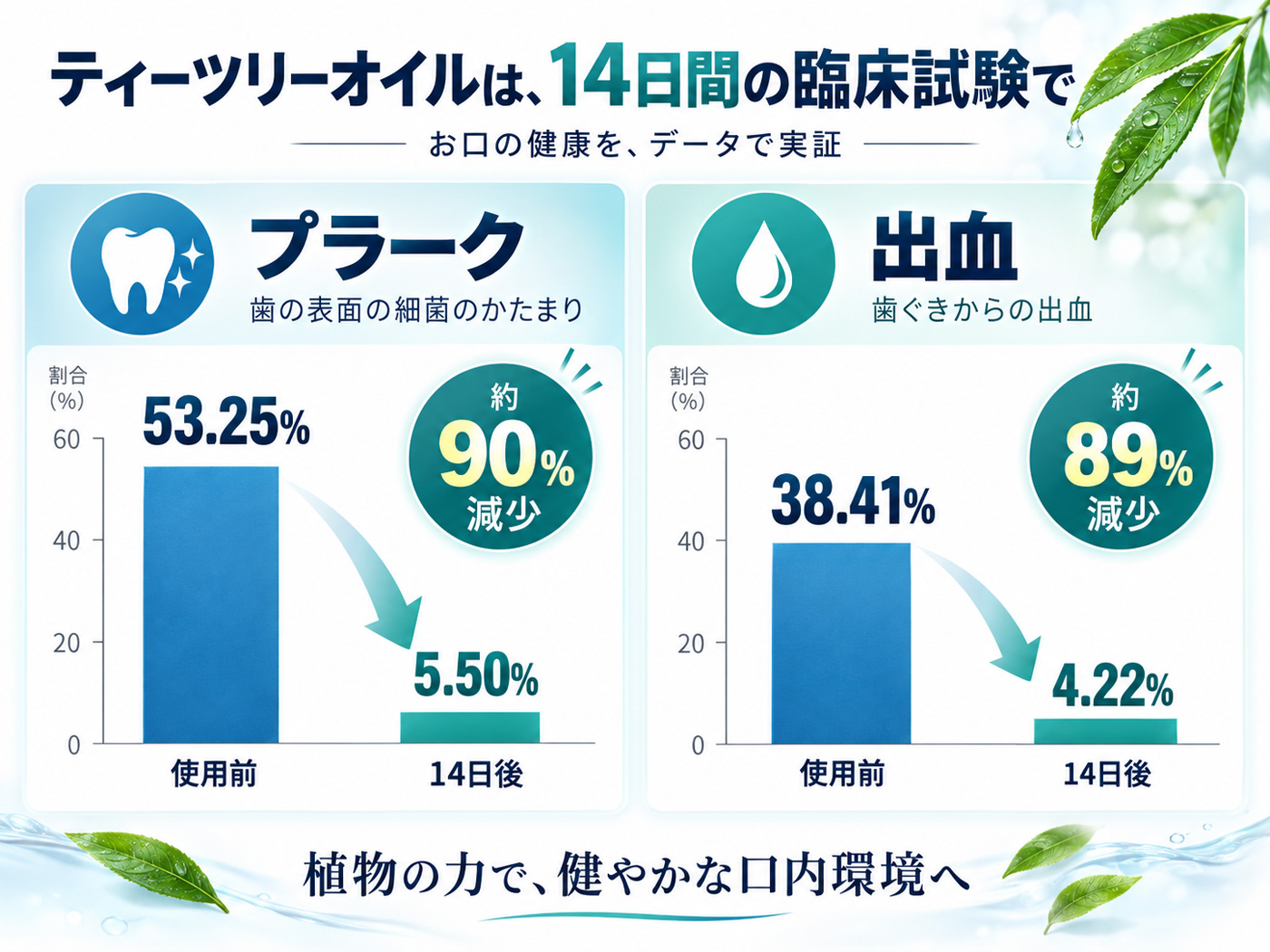 ティーツリーオイルの14日間臨床試験によるプラークと歯ぐきからの出血の減少データ