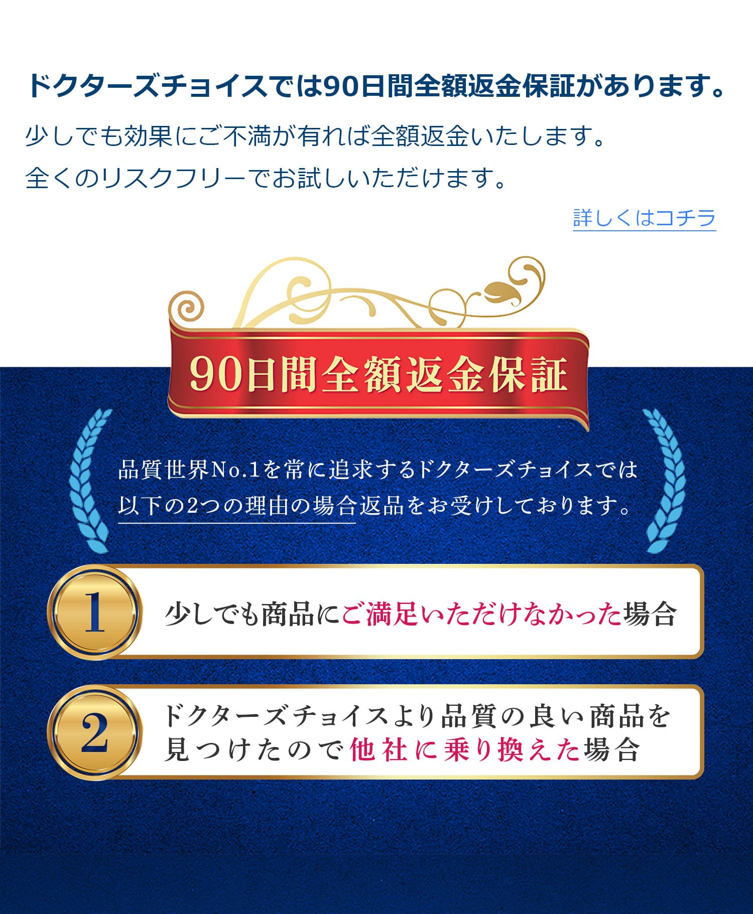 ドクターズチョイスでは90日間全額返金保証があります。少しでも効果にご不満が有れば全額返金いたします。全くのリスクフリーでお試しいただけます。