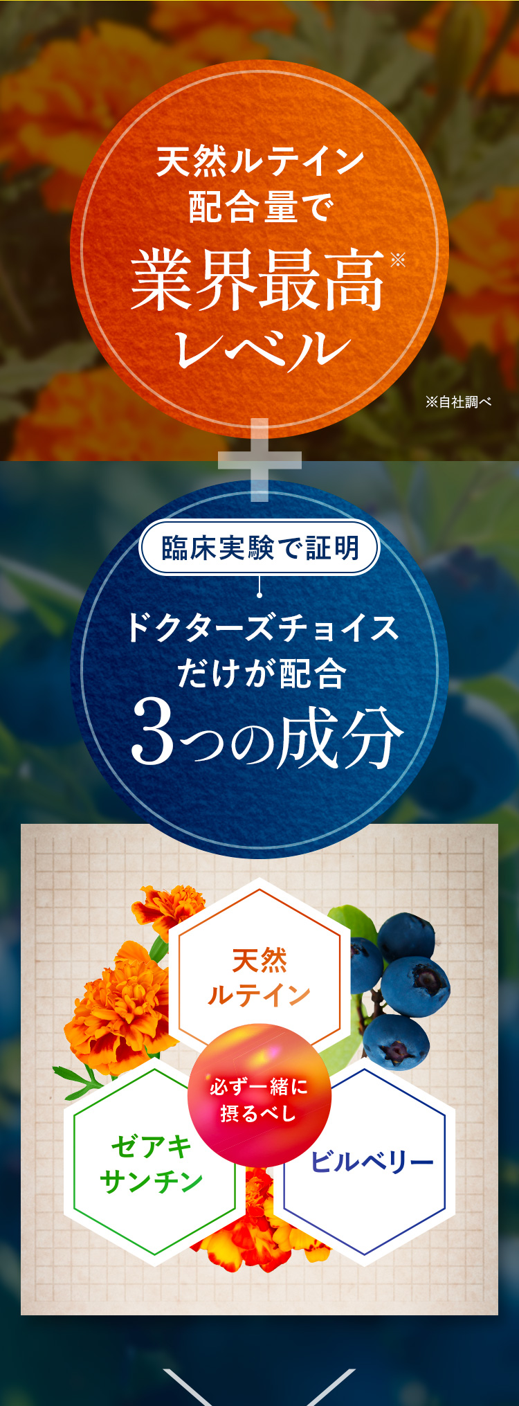 天然ルテイン配合量で業界最高レベル＋臨床実験で証明！ドクターズチョイスだけが配合3つの成分。天然ルテイン・ゼアキサンチン・ビルベリー