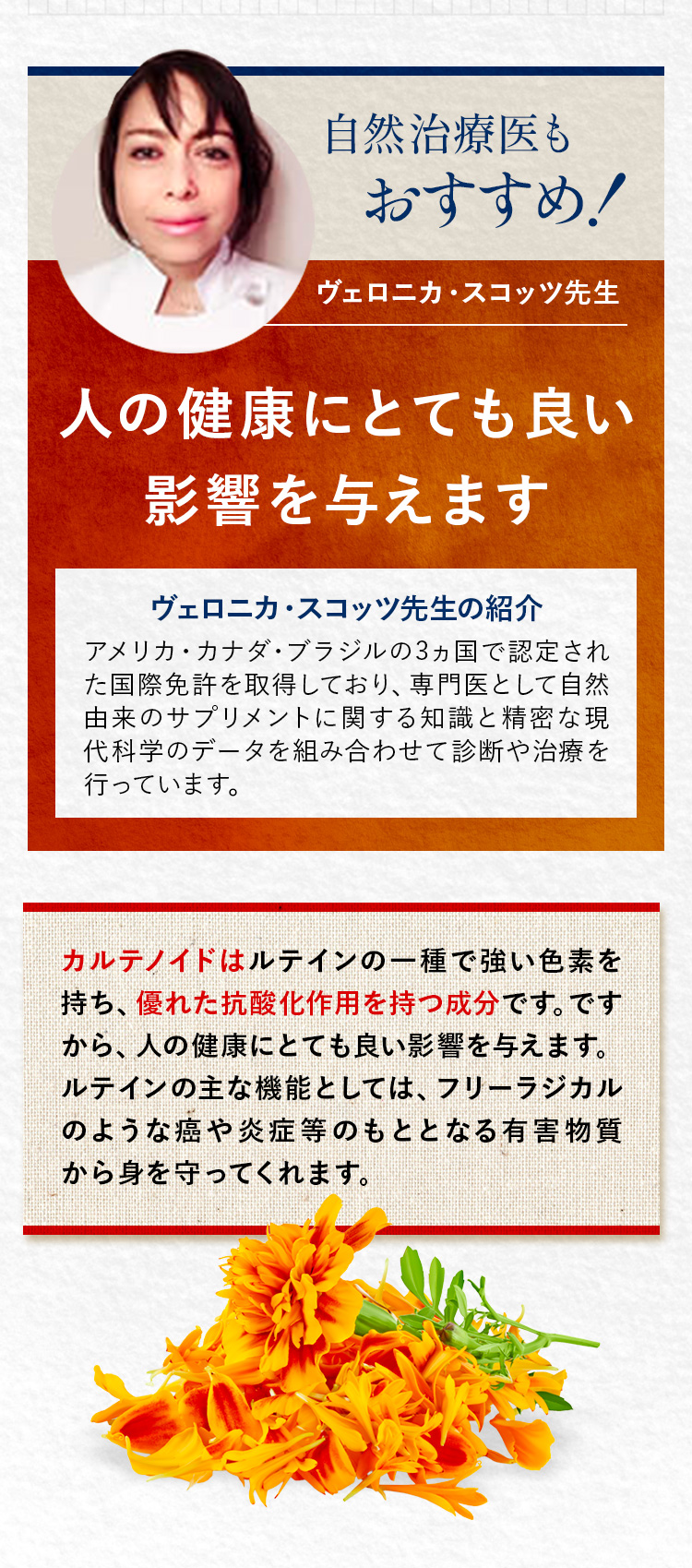 自然治療医もおすすめ！ヴェロニカ・スコッツ先生　人の健康にとても良い影響を与えます。ヴェロニカ・スコッツ先生の紹介：アメリカ・カナダ・ブラジルの3ヵ国で認定された国際免許を取得しており、専門医として自然由来のサプリメントに関する知識と精密な現代科学のデータを組み合わせて診断や治療を行っています。カルテノイドはルテインの一種で強い色素を持ち、優れた抗酸化作用を持つ成分です。ですから、人の健康にとても良い影響を与えます。 ルテインの主な機能としては、フリーラジカルのような癌や炎症等のもととなる有害物質から身を守ってくれます。