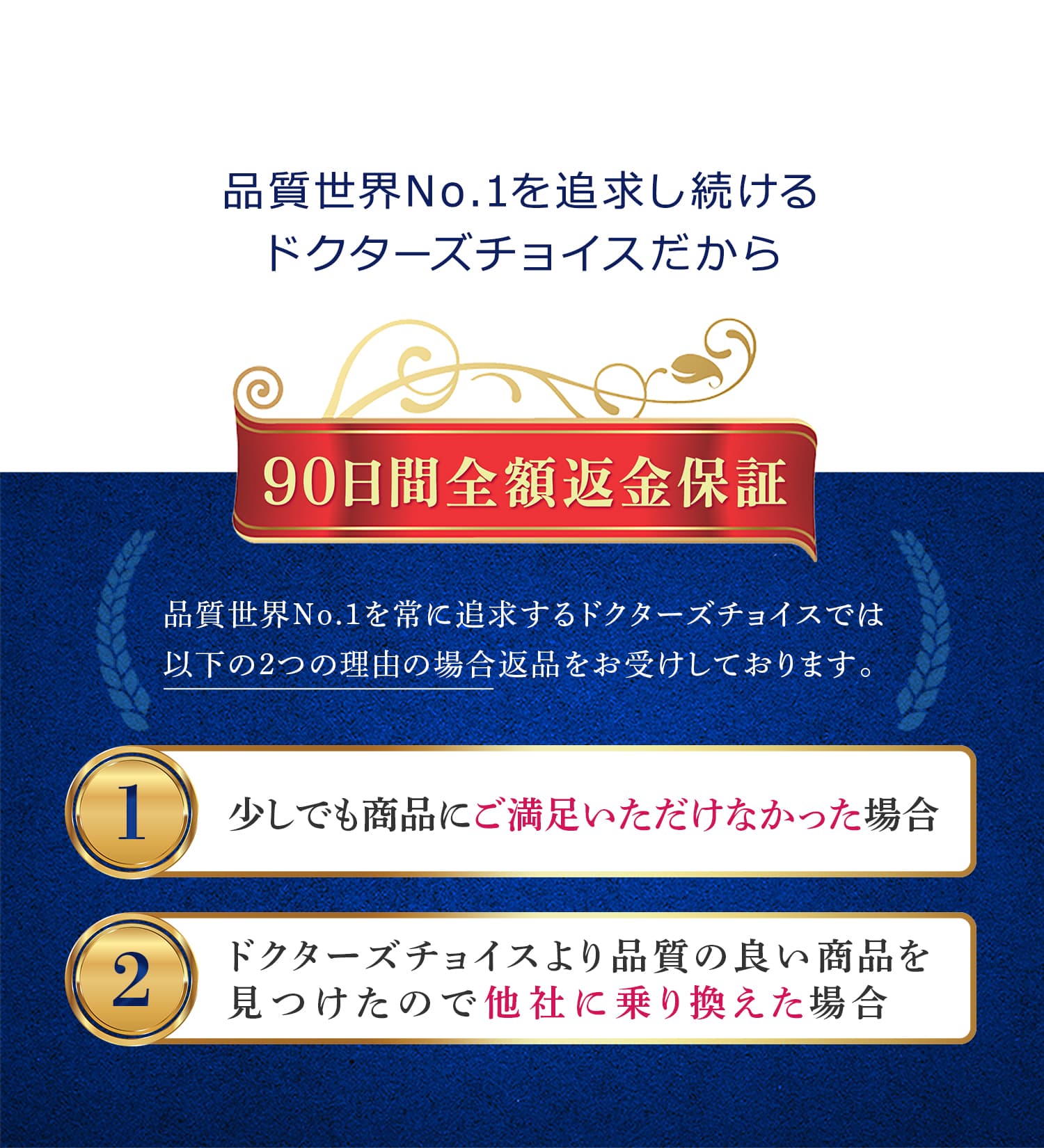 90日間返金保証 品質世界No.1を常に追求するドクターズチョイスでは以下の２つの理由の場合返品をお受けしております。①少しでも商品にご満足いただけなかった場合②ドクターズチョイスより品質の良い商品を見つけたので他社に乗り換えた場合