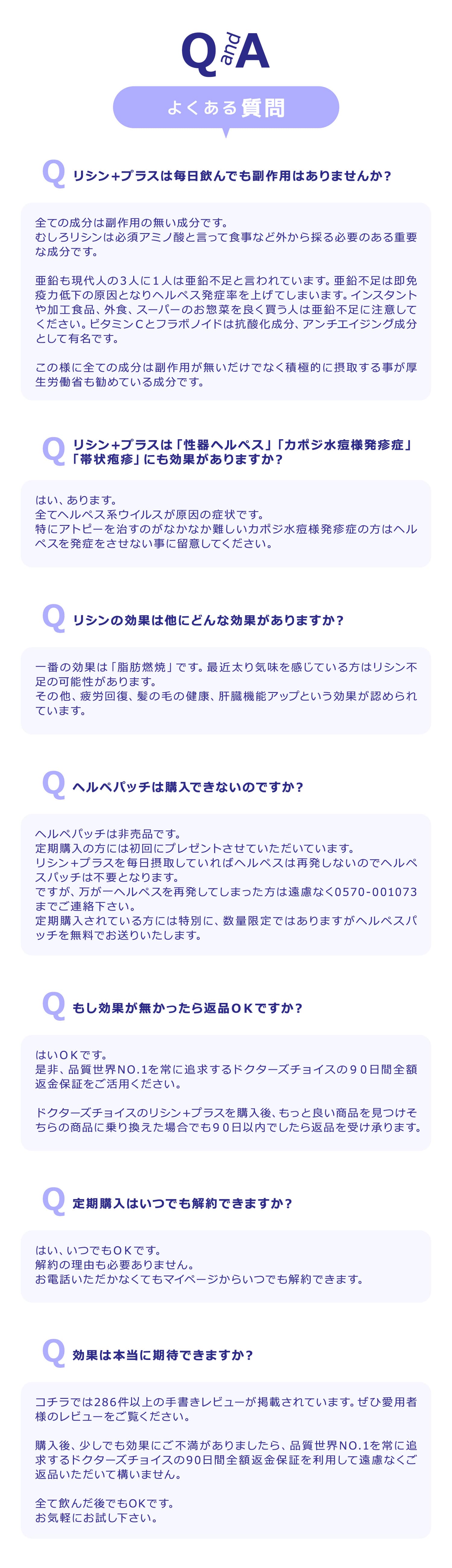 よくある質問：リシン＋プラスは毎日飲んでも副作用はありませんか？ 全ての成分は副作用の無い成分です。むしろリシンは必須アミノ酸と言って食事など外から採る必要のある重要な成分です。 亜鉛も現代人の３人に１人は亜鉛不足と言われています。亜鉛不足は即免疫力低下の原因となりヘルペス発症率を上げてしまいます。インスタントや加工食品、外食、スーパーのお惣菜を良く買う人は亜鉛不足に注意してください。ビタミンＣとフラボノイドは抗酸化成分、アンチエイジング成分として有名です。 この様に全ての成分は副作用が無いだけでなく積極的に摂取する事が厚生労働省も勧めている成分です。リシン＋プラスは「性器ヘルペス」「カポジ水痘様発疹症」「帯状疱疹」にも効果がありますか？ はい、あります。 全てヘルペス系ウイルスが原因の症状です。 特にアトピーを治すのがなかなか難しいカポジ水痘様発疹症の方はヘルペスを発症をさせない事に留意してください。リシンの効果は他にどんな効果がありますか？一番の効果は「脂肪燃焼」です。最近太り気味を感じている方はリシン不足の可能性があります。 その他、疲労回復、髪の毛の健康、肝臓機能アップという効果が認められています。ヘルペパッチは購入できないのですか？ ヘルペパッチは非売品です。定期購入の方には初回にプレゼントさせていただいています。リシン＋プラスを毎日摂取していればヘルペスは再発しないのでヘルペスパッチは不要となります。ですが、万が一ヘルペスを再発してしまった方は遠慮なく0570-001073までご連絡下さい。定期購入されている方には特別に、数量限定ではありますがヘルペスパッチを無料でお送りいたします。もし効果が無かったら返品ＯＫですか？ はいＯＫです。是非、品質世界No.1を常に追求するドクターズチョイスの９０日間全額返金保証をご活用ください。ドクターズチョイスのリシン＋プラスを購入後、もっと良い商品を見つけそちらの商品に乗り換えた場合でも９０日以内でしたら返品を受け承ります。定期購入はいつでも解約できますか？はい、いつでもＯＫです。解約の理由も必要ありません。お電話いただかなくてもマイページからいつでも解約できます。 