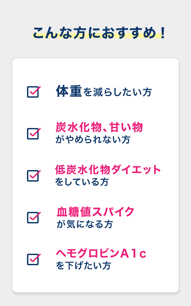 「こんな方におすすめ！」チェックリスト：体重減少、炭水化物・甘いもの、低炭水化物ダイエット、血糖値スパイク、ヘモグロビンA1cが気になる方向け。