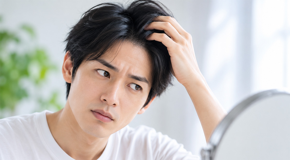 髪の毛を気にする男性