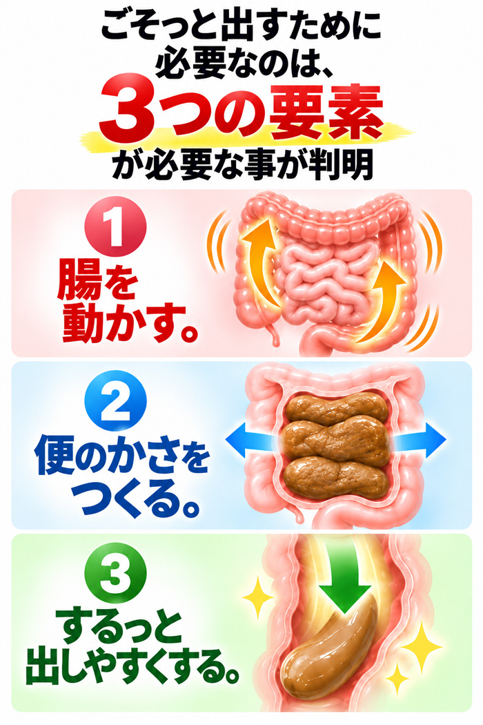 ごそっと出すために必要な3つの要素「腸を動かす・便のかさをつくる・するっと出しやすくする」