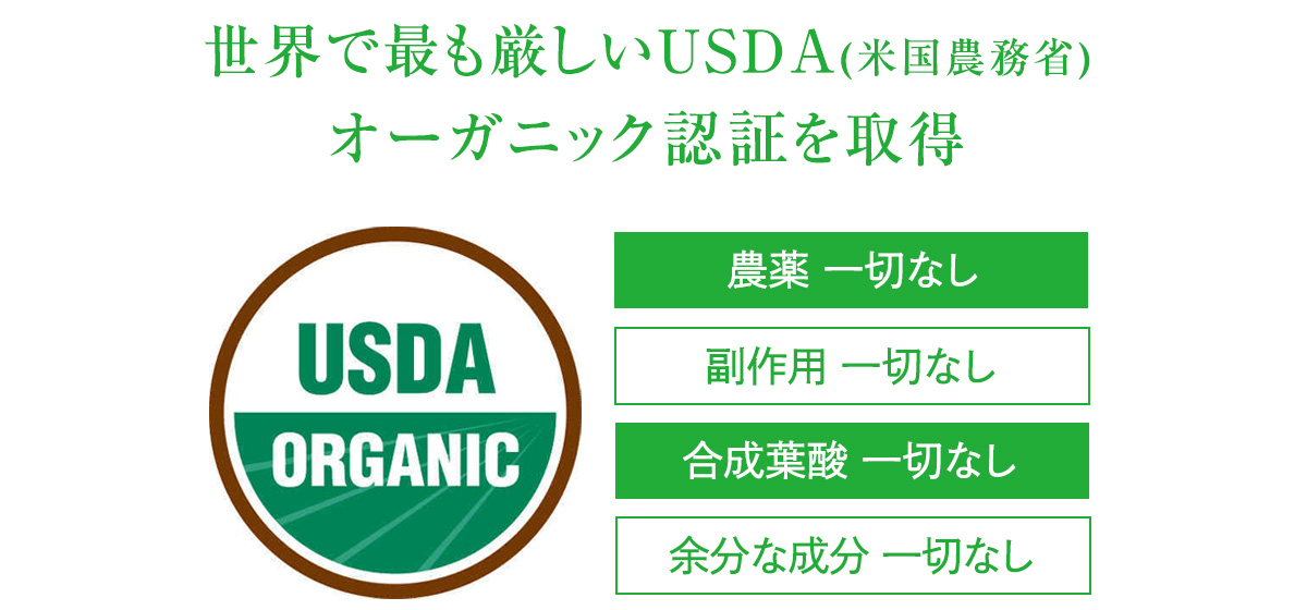 ドクターズチョイス オーガニック天然葉酸は世界で最も厳しいUSDA(米国農務省)オーガニック認証を取得