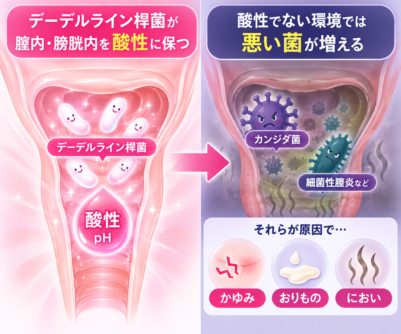 酸性が保たれなくなると「悪い菌」が繁殖。「かゆみ」「おりもの」「におい」の原因に