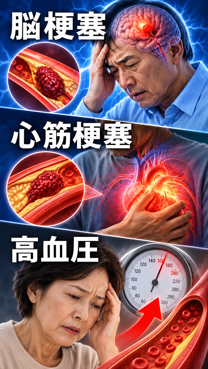脳梗塞・心筋梗塞・高血圧のリスクをイメージした血管と症状