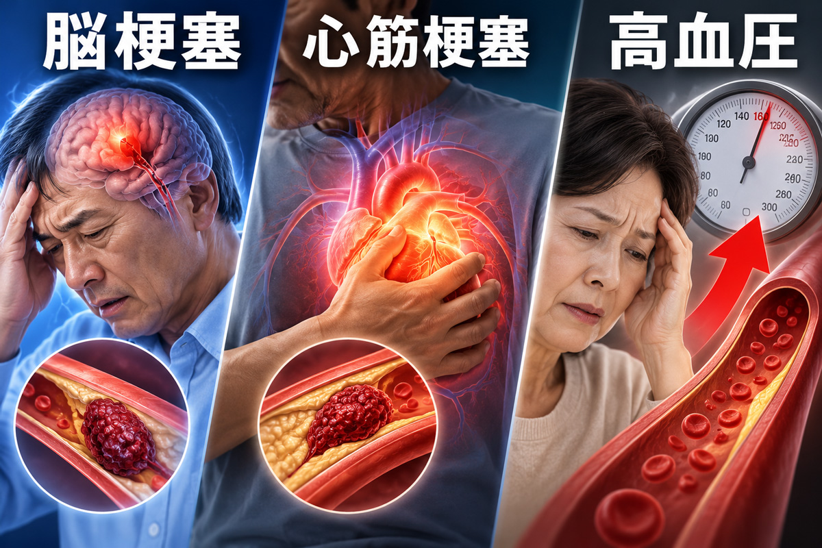 脳梗塞・心筋梗塞・高血圧のリスクをイメージした血管と症状