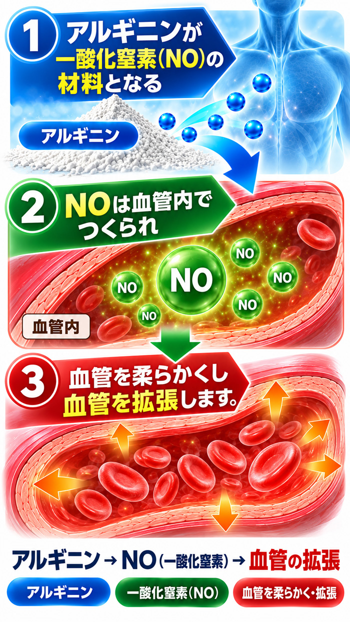 アルギニンがNOを生み、血管を柔らかく広げる仕組みを、人体と血管イラストで表現した図