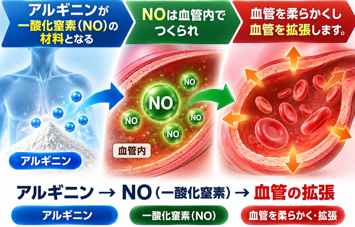 アルギニンがNOを生み、血管を柔らかく広げる仕組みを、人体と血管イラストで表現した図
