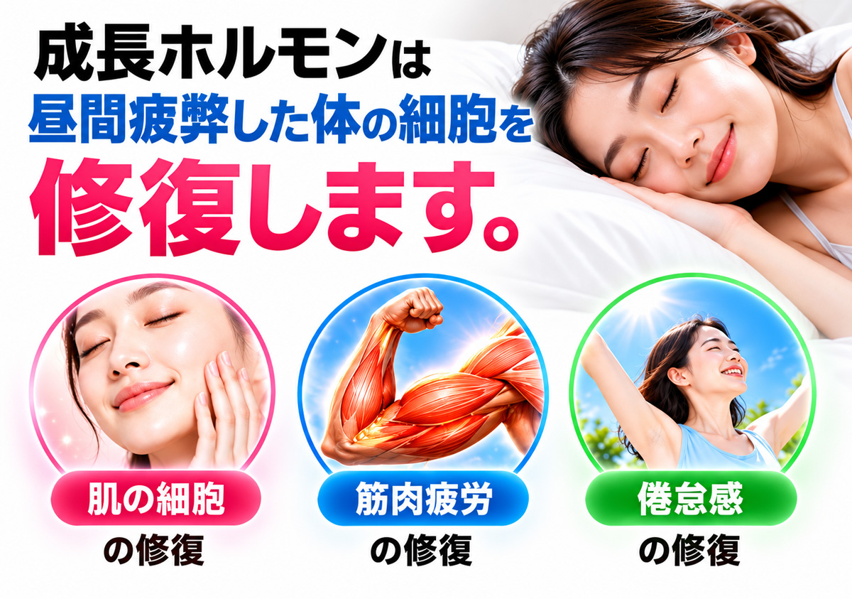 成長ホルモンが昼間疲弊した体の細胞を修復し、肌の細胞・筋肉疲労・倦怠感の修復を表したイメージ