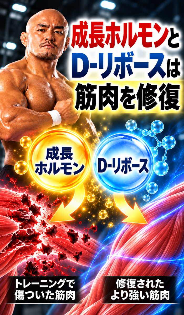 成長ホルモンとD-リボースの筋肉修復イメージ