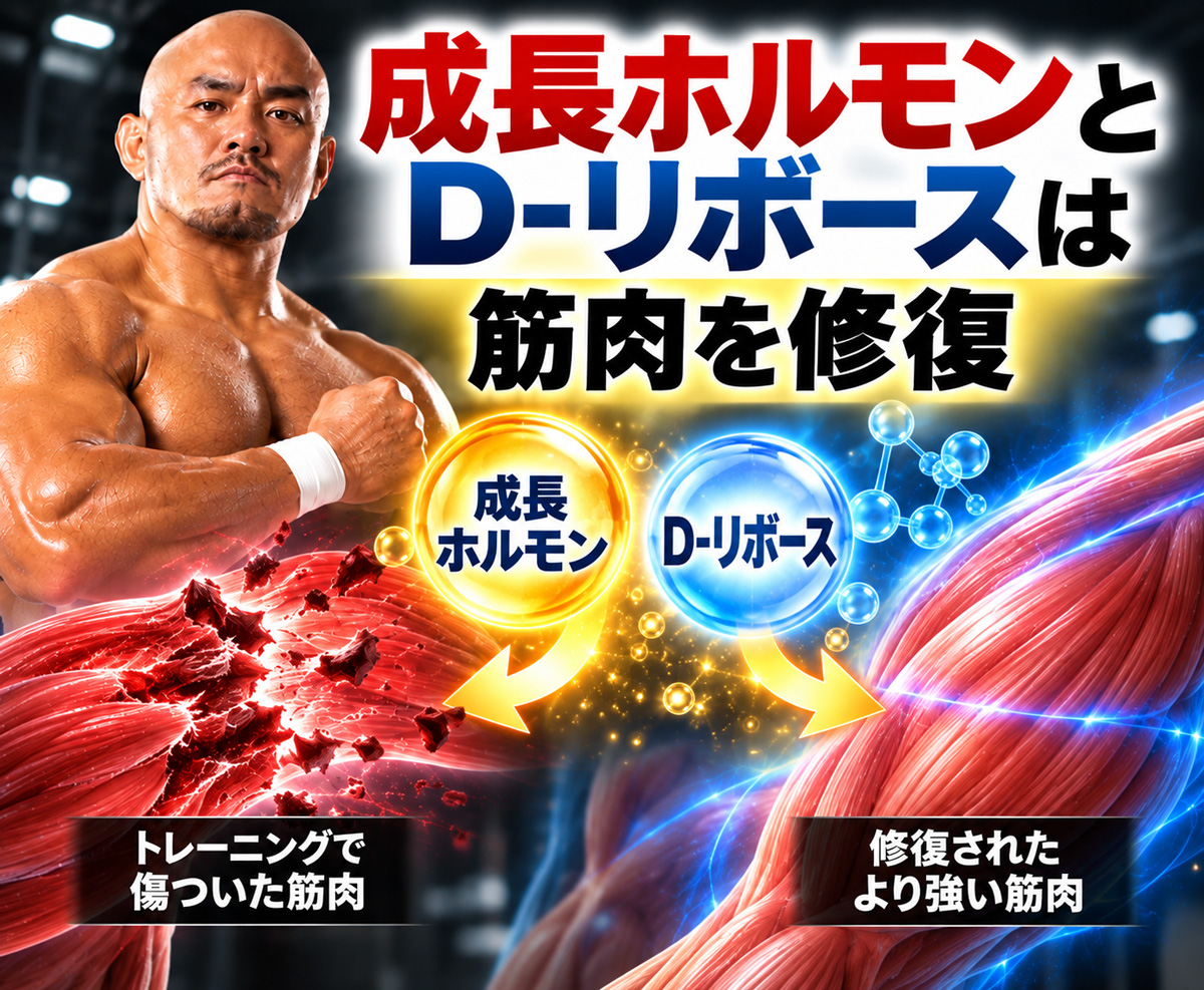 成長ホルモンとD-リボースの筋肉修復イメージ