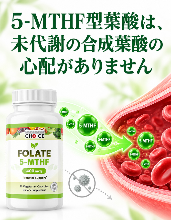 5-MTHF型葉酸は未代謝の合成葉酸の心配がないことを、商品ボトルと血流へ届く5-MTHFのイメージで表現した図
