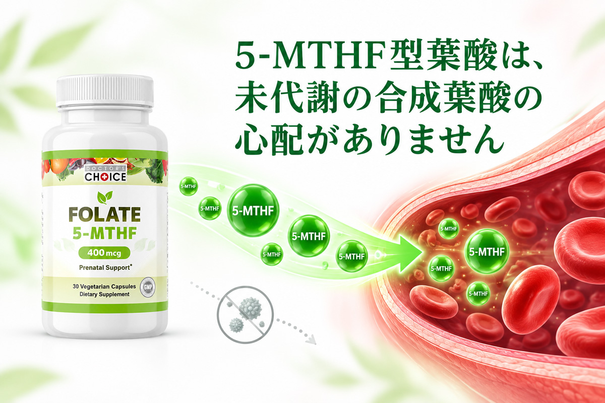 5-MTHF型葉酸は未代謝の合成葉酸の心配がないことを、商品ボトルと血流へ届く5-MTHFのイメージで表現した図