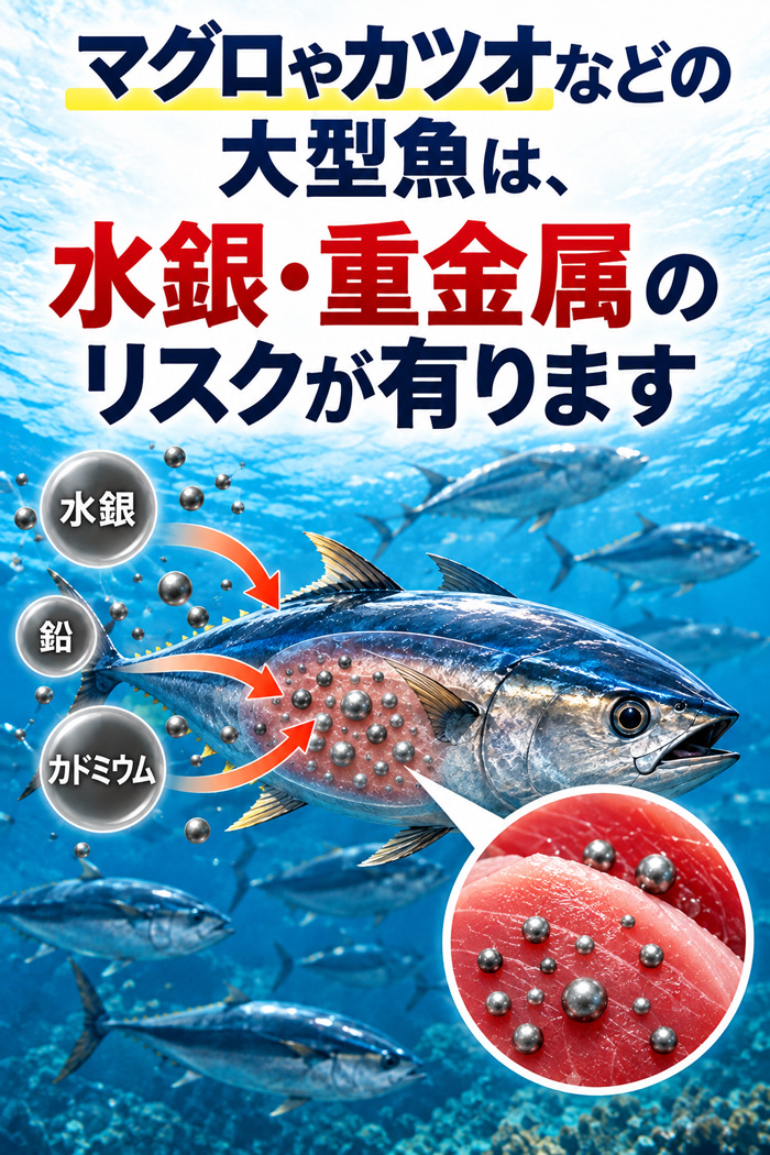 マグロやカツオなどの大型魚に含まれる水銀・鉛・カドミウムなどの重金属リスクを示したイメージ