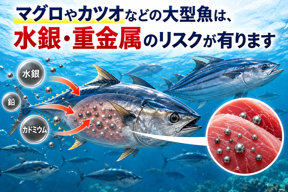 マグロやカツオなどの大型魚に含まれる水銀・鉛・カドミウムなどの重金属リスクを示したイメージ