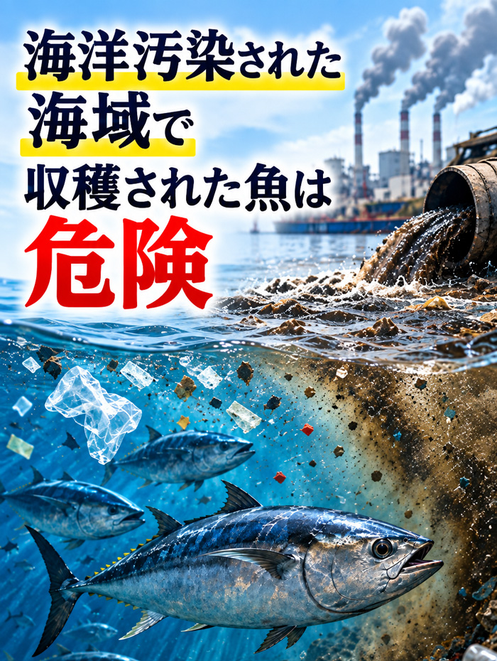 海洋汚染された海域で収穫された魚の危険性を示すイメージ