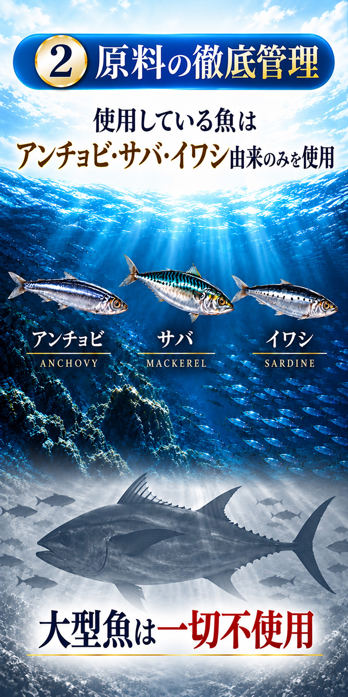 アンチョビ・サバ・イワシ由来の原料のみを使用し、大型魚は使用していないことを示すオメガ3原料管理の説明画像