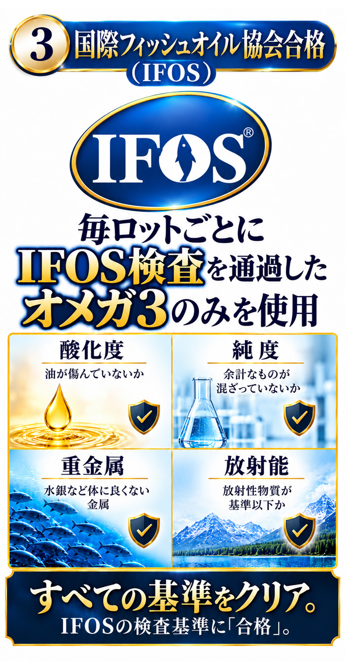 IFOS検査を毎ロット実施し、酸化度・純度・重金属・放射能の基準に合格したオメガ3