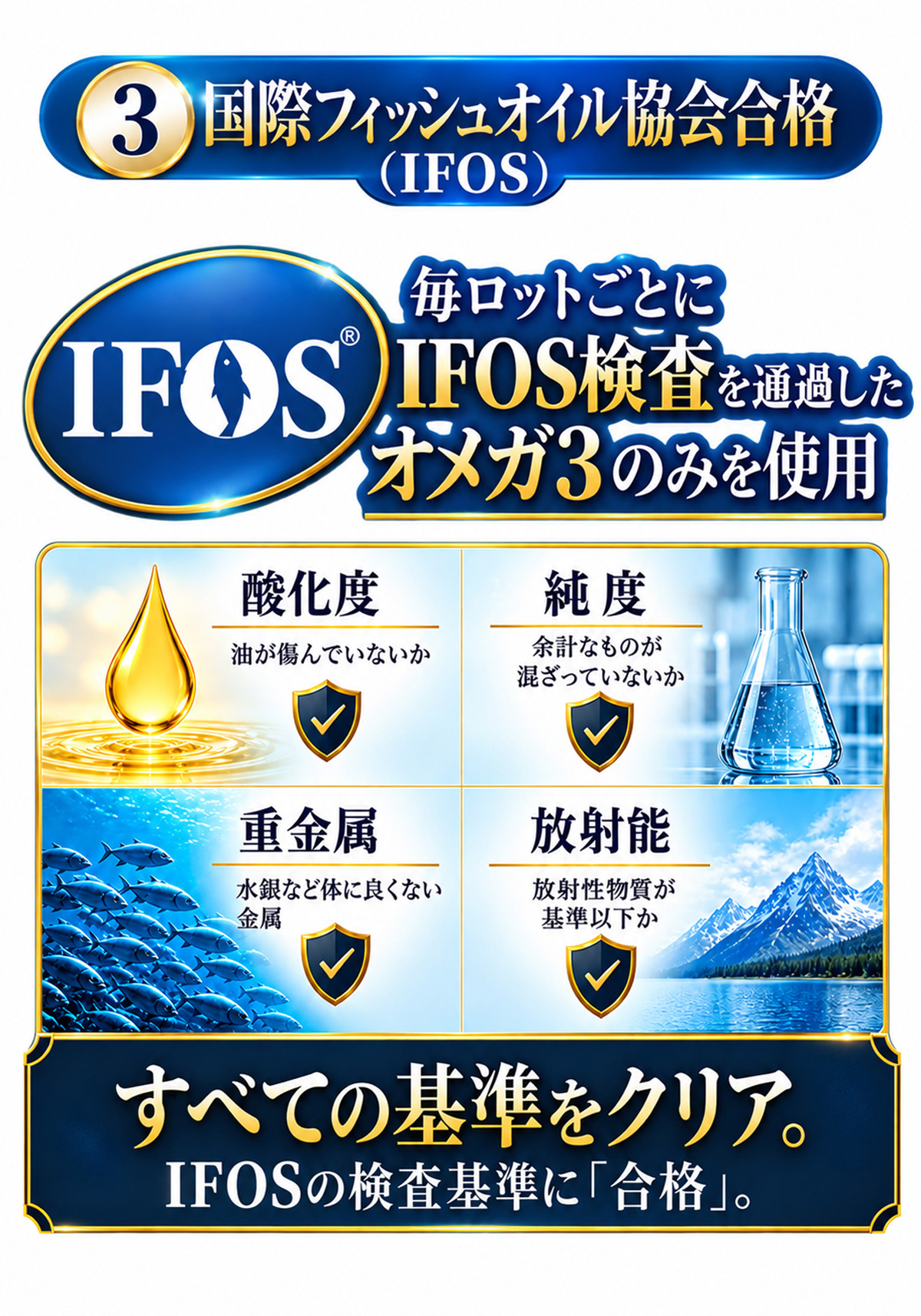 IFOS検査を毎ロット実施し、酸化度・純度・重金属・放射能の基準に合格したオメガ3