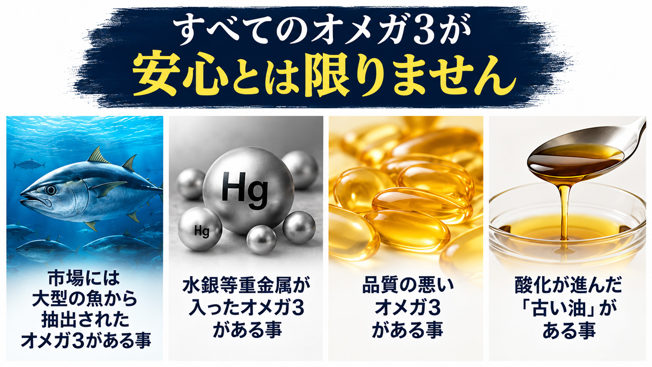 オメガ3はすべて同じ品質ではなく、大型魚由来の重金属や低品質なオイル、酸化した古い油に注意が必要
