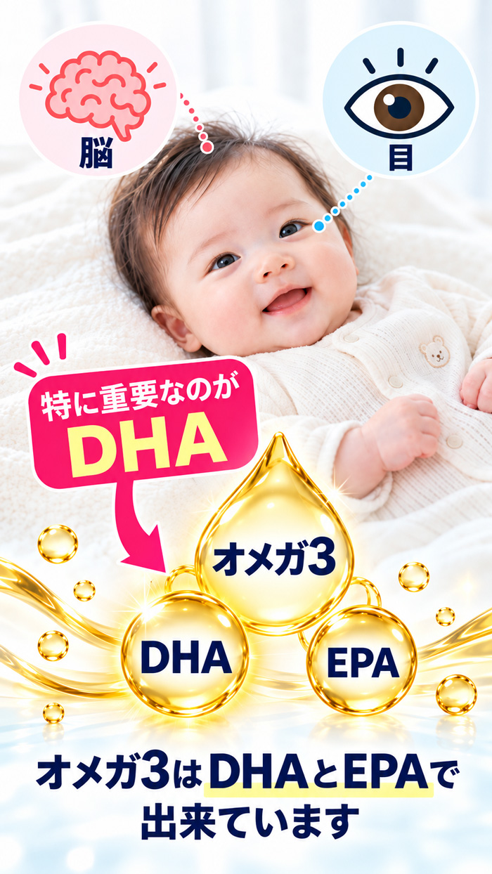 赤ちゃんの脳と目に重要なDHAとEPAを含むオメガ3のイメージ