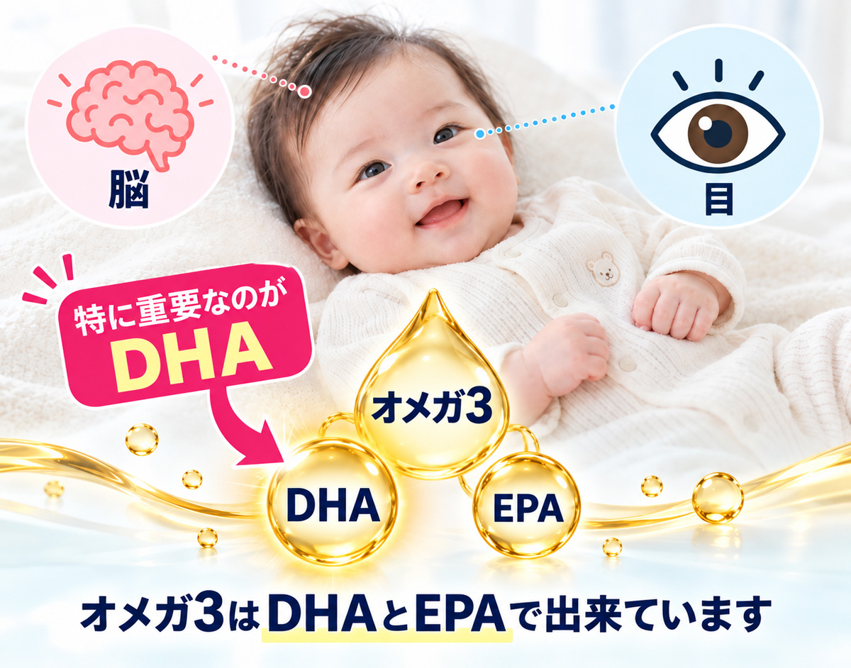 赤ちゃんの脳と目に重要なDHAとEPAを含むオメガ3のイメージ
