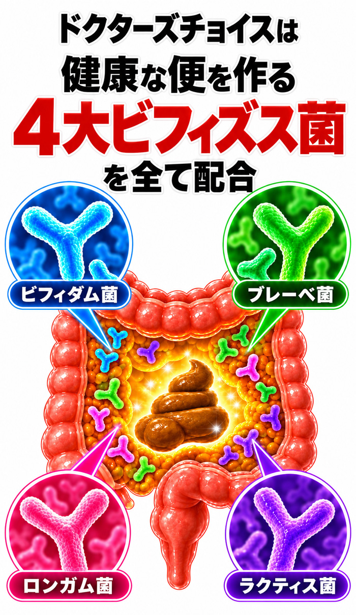 健康な便を作る4大ビフィズス菌（ビフィダム菌・ブレーベ菌・ロンガム菌・ラクティス菌）を配合