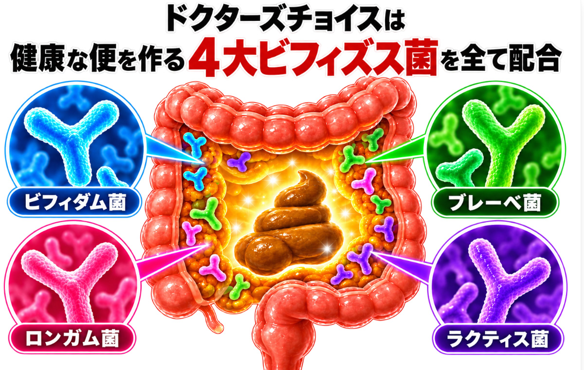 健康な便を作る4大ビフィズス菌（ビフィダム菌・ブレーベ菌・ロンガム菌・ラクティス菌）を配合
