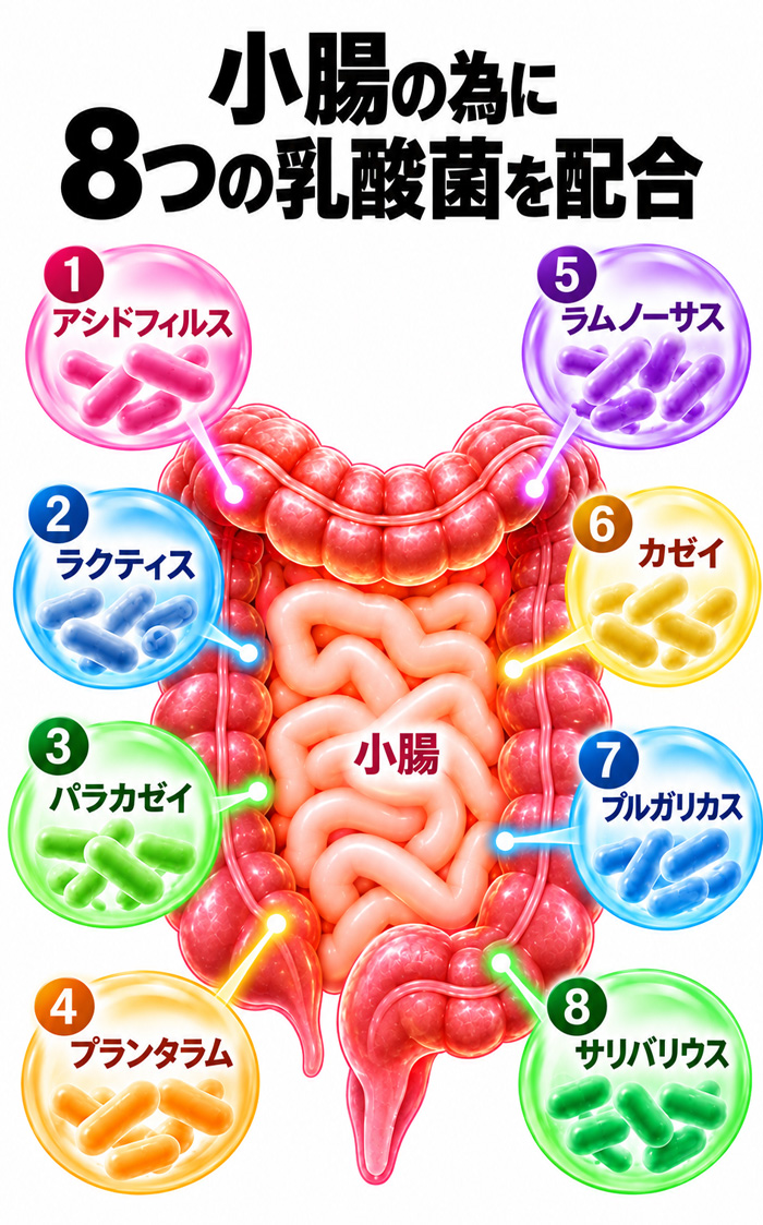 小腸のために8つの乳酸菌を配合。中央に小腸のイラストを配置し、周囲にアシドフィルス、ラクティス、パラカゼイ、プランタラム、ラムノーサス、カゼイ、ブルガリカス、サリバリウスの8種類を番号付きで示した図