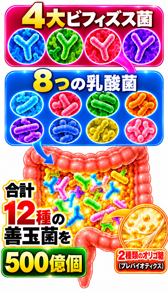 4大ビフィズス菌と8つの乳酸菌、合計12種の善玉菌500億個と2種類のオリゴ糖を配合