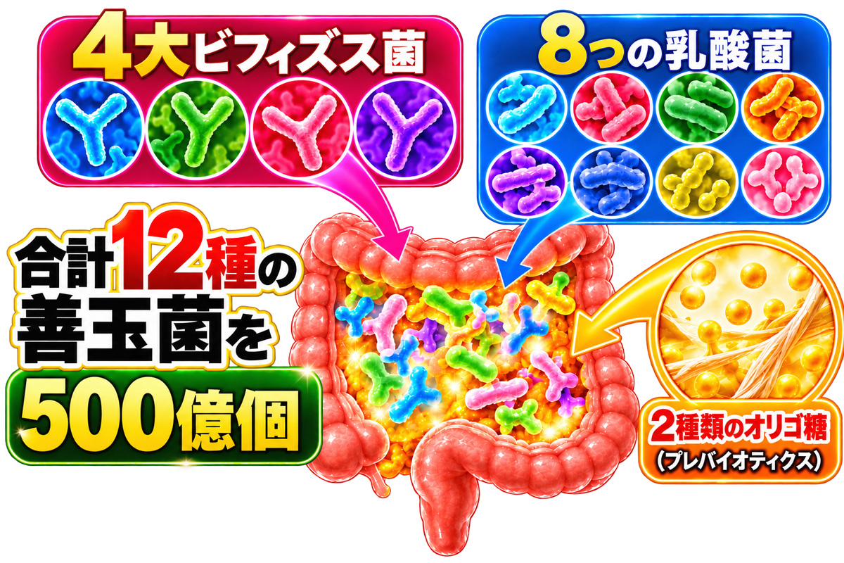 4大ビフィズス菌と8つの乳酸菌、合計12種の善玉菌500億個と2種類のオリゴ糖を配合
