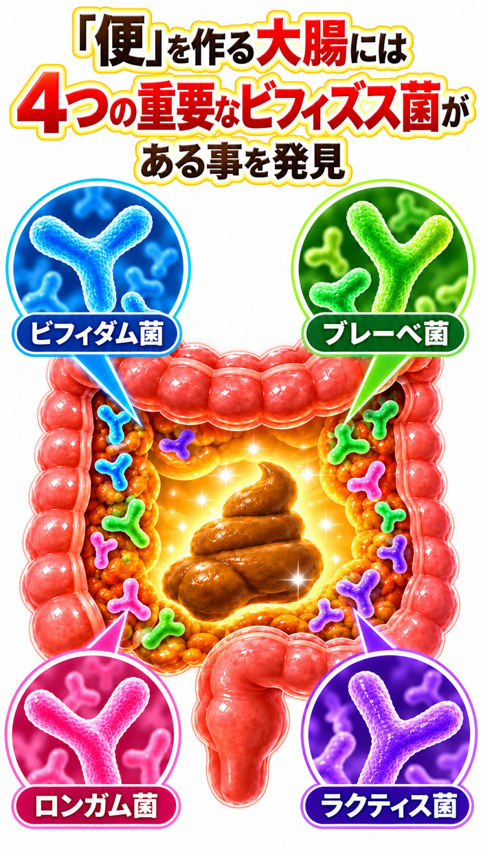 便を作る大腸と4つの重要なビフィズス菌（ビフィダム菌・ロンガム菌・ブレーベ菌・ラクティス菌）