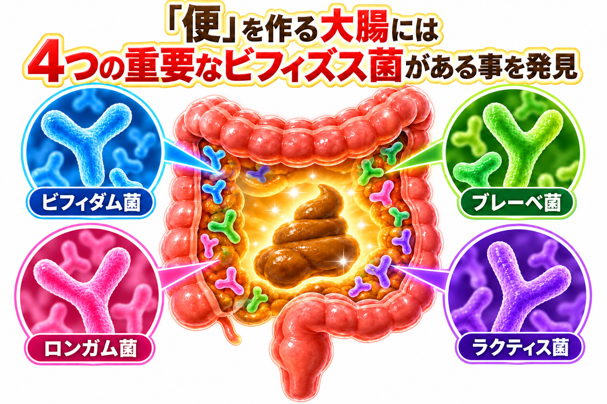 便を作る大腸と4つの重要なビフィズス菌（ビフィダム菌・ロンガム菌・ブレーベ菌・ラクティス菌）