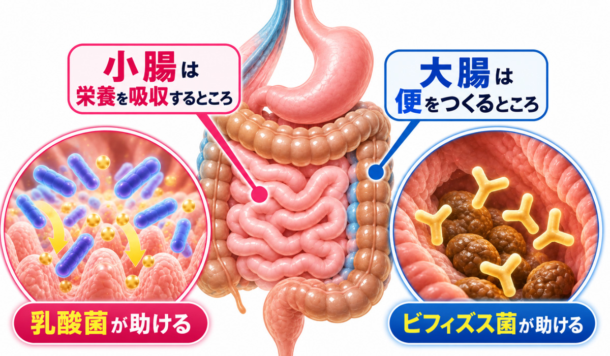 小腸での栄養吸収を乳酸菌が助け、大腸での便づくりをビフィズス菌が助ける