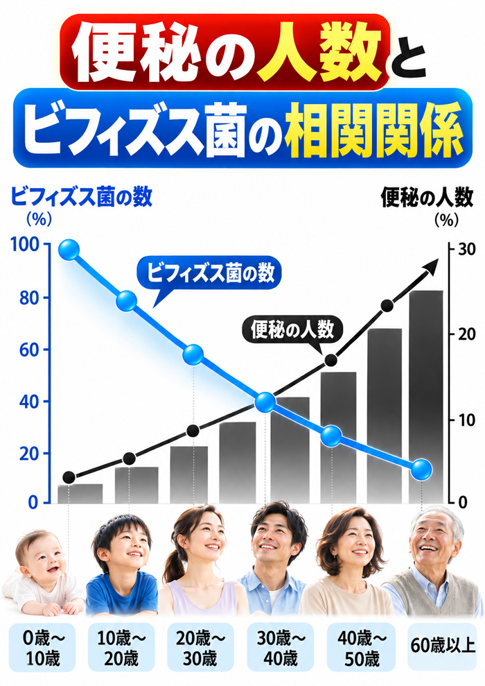 年代別に見るビフィズス菌の減少と便秘の人数増加の相関関係を示したグラフ