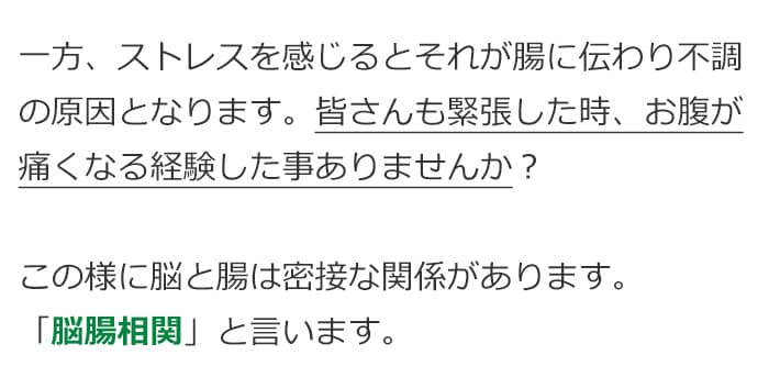 一方、ストレスを感じるとそれが腸に伝わり不調の原因となります。皆さんも緊張した時、お腹が痛くなる経験した事ありませんか？この様に脳と腸は密接な関係があります。「脳腸相関」と言います