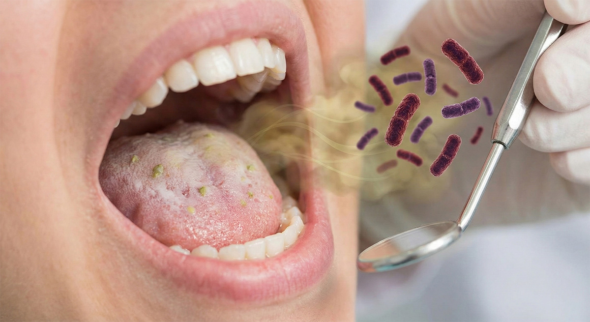 口の中に悪玉菌が増殖し口臭を放っている