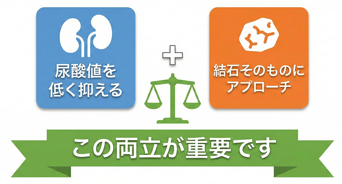 「尿酸値を低く抑える」＋「結石そのものにアプローチ」この両立が重要です。