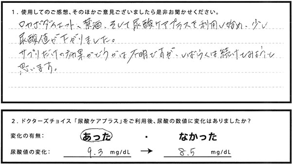＜尿酸値の変化：9.3mg/dL→8.5mg/dL＞ロカボダイエット、筋腫、そして尿酸ケアプラスを利用し始め、少し尿酸値が下がりました。サプリだけの効果かどうかは不明ですが、しばらく続けてみようと思います。