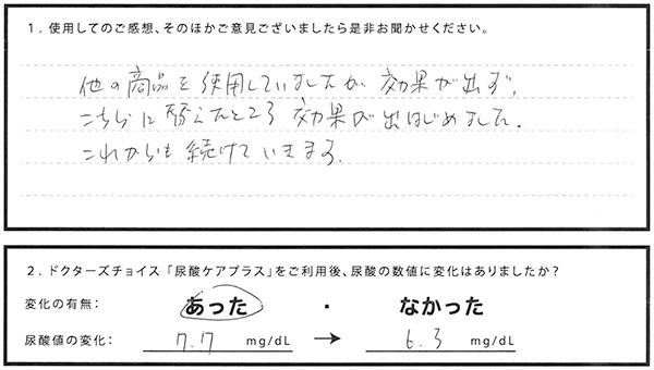 <尿酸値の変化:7.7mg/dL→6.3mg/dL>他の商品を使用していましたが効果が出ず、こちらに替えたところ効果が出はじめました。これからも続けていきます。